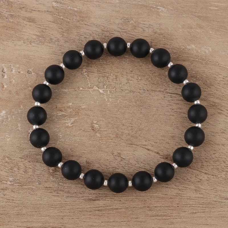 Classic bracelets for women -Calm Midnight Black Onyx Beaded Stretch Bracelet from India