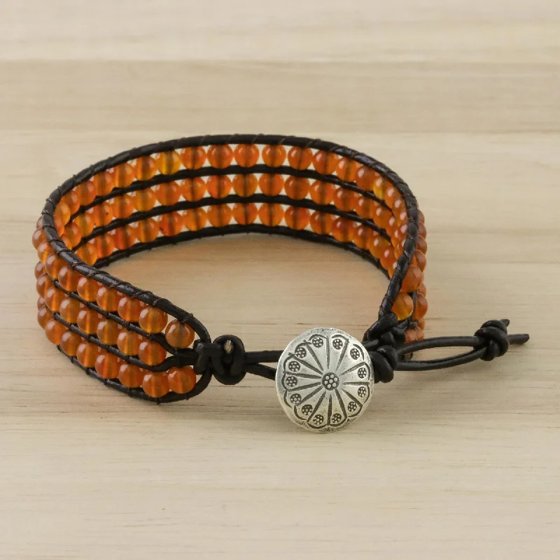 Chic bracelets for women -Apricots Carnelian Bead and Karen Silver Button Wristband Bracelet