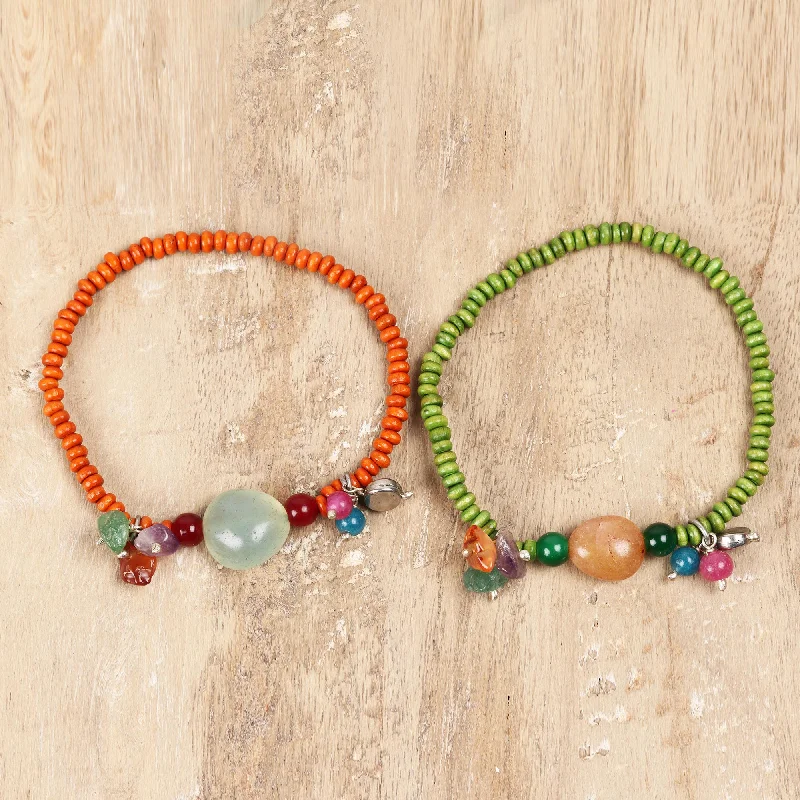 Trendy bracelets for women -Boho Colors Quartz and Wood Beaded Stretch Bracelets from India (Pair)