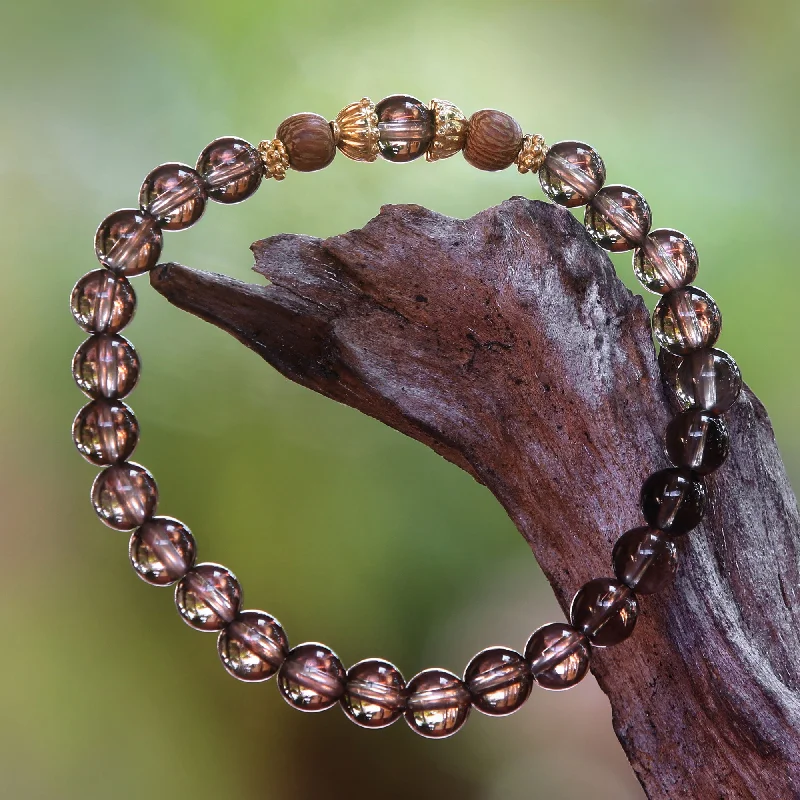 Wrap-around bracelets for women -Batuan Tune Smoky Quartz Beaded Stretch Bracelet with Wood Accents