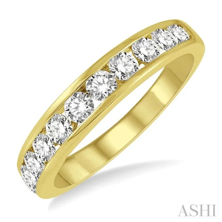 Two-tone engagement rings for women -3/4 ctw Channel Set 11 Stone Round Cut Diamond Wedding Band in 14K Yellow Gold