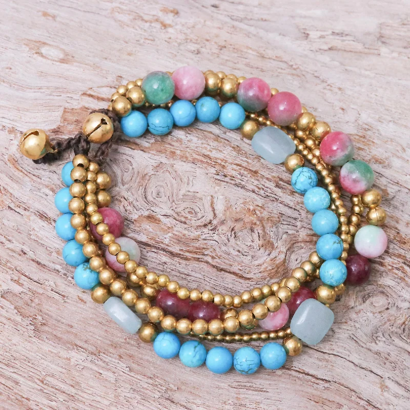 Wedding bangles for women -Bohemian Melange Multi-gemstone Beaded Bracelet with Ringing Brass Bells