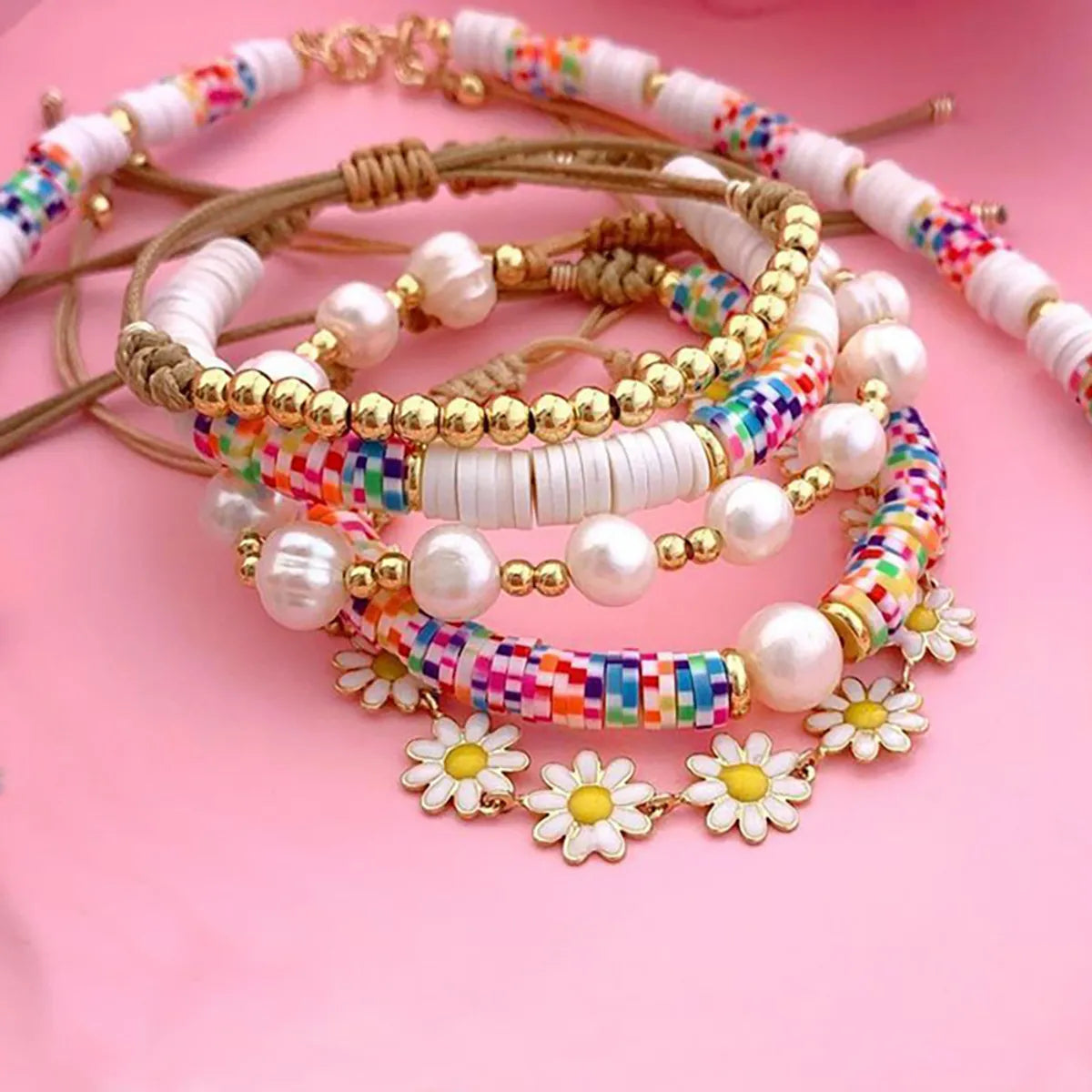 Pearl bracelets for women -Fashion Flower Freshwater Pearl Soft Clay Knitting Bracelets