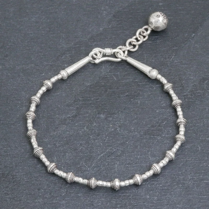 Bohemian bracelets for women -Flower Ball Silver Link Bracelet with Extender Chain from Thailand