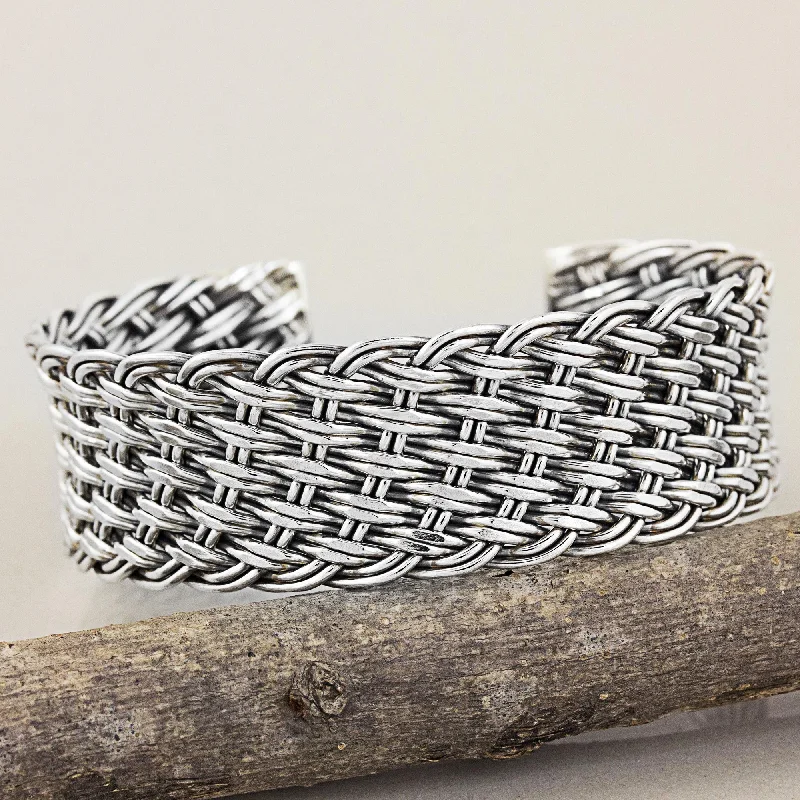 Sterling silver bangles for women -Hill Tribe Basketweave Thai Handcrafted Woven Sterling Silver Cuff Bracelet