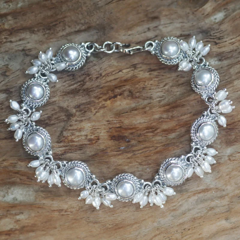 Wrap bracelets for women -Moons & Shooting Stars Pearl & Silver Bridal Bracelet