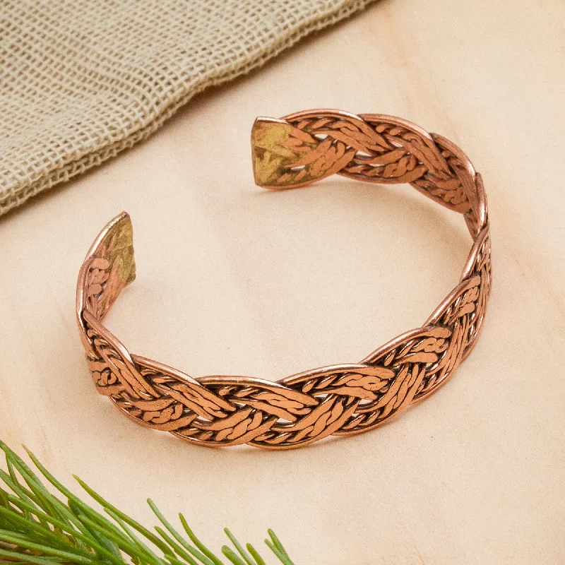 Natural stone bracelets for women -Brilliant Weave Handcrafted Braided Copper Cuff Bracelet from Mexico