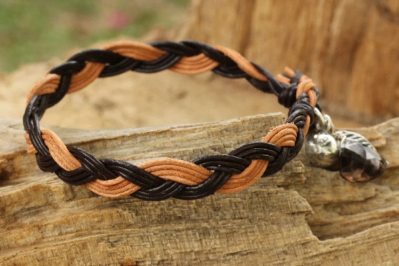 Faux leather bracelets for women -Joyous Nature Braided Leather Smoky Quartz Bracelet with Hill Tribe Silver