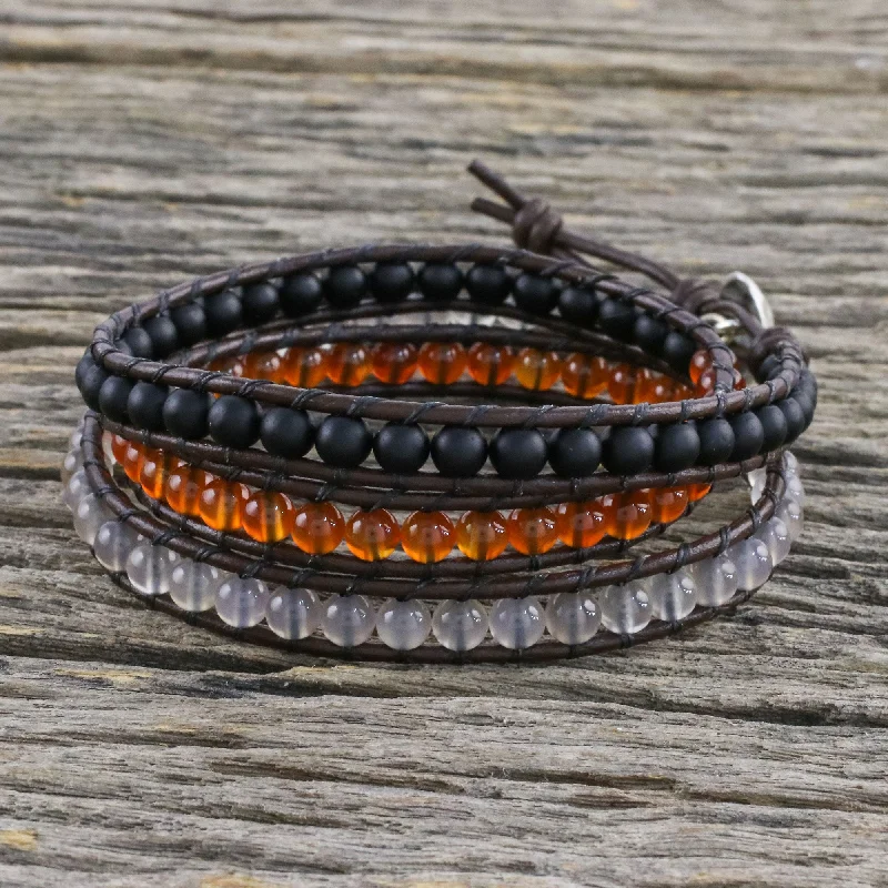 Adjustable cuff bracelets for women -Sunset Wanderlust Unisex Leather and Multi-Gemstone Beaded Wrap Bracelet