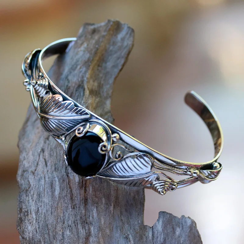 Textured bangles for women -Black Lily Floral Onyx Sterling Silver Cuff Bracelet