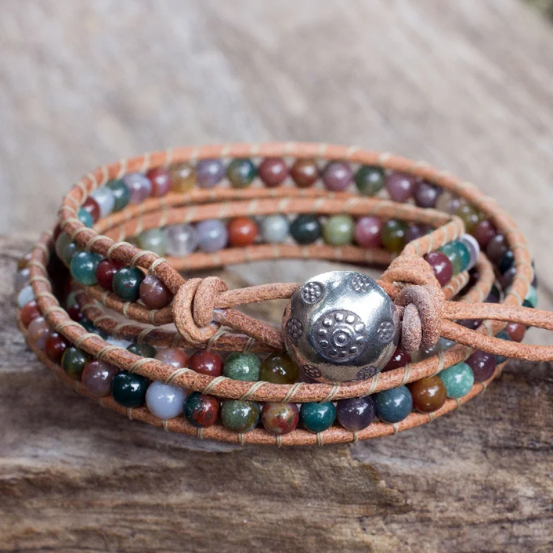 Elegant bracelets for women -Inner Harmony Multi-colored Jasper and Leather Wrap Bracelet