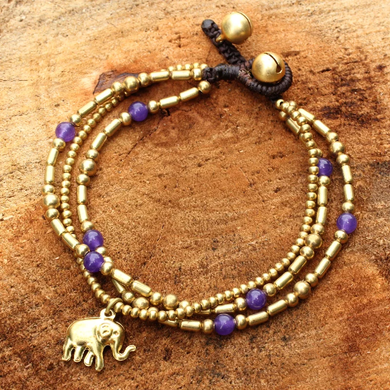 Statement bracelets for women -Purple Elephant Charm Brass Bracelet Purple-color Gems Beaded Jewelry