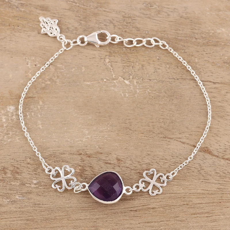 Bridal bracelets for women -Hamsa Grace Hamsa Charm 3.5-Carat Amethyst Pendant Bracelet from India