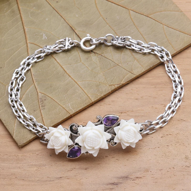 Solid gold bracelets for women -Ivory Lotus Silver and Amethyst Bracelet with Carved Bone Flowers