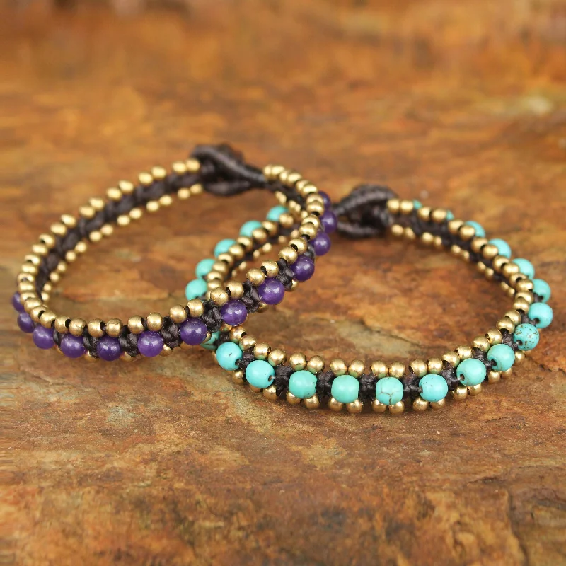 Solid gold bracelets for women -Blue Purple Aryuveda Hand Made Quartz and Resin Beaded Bracelets (Pair)