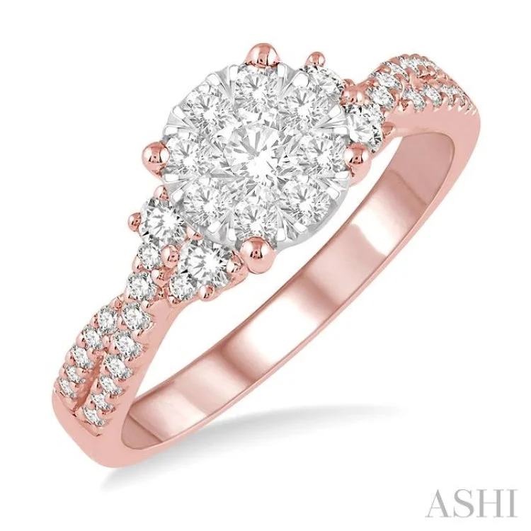 Ruby engagement rings for women -3/4 ctw Crossed Split Shank Lovebright Diamond Cluster Ring in 14K Rose and White Gold