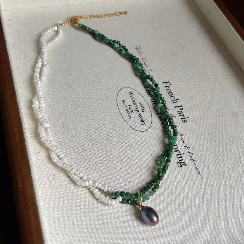 C456 Necklace---Malachite Freshwater Real Pearl Double Layer