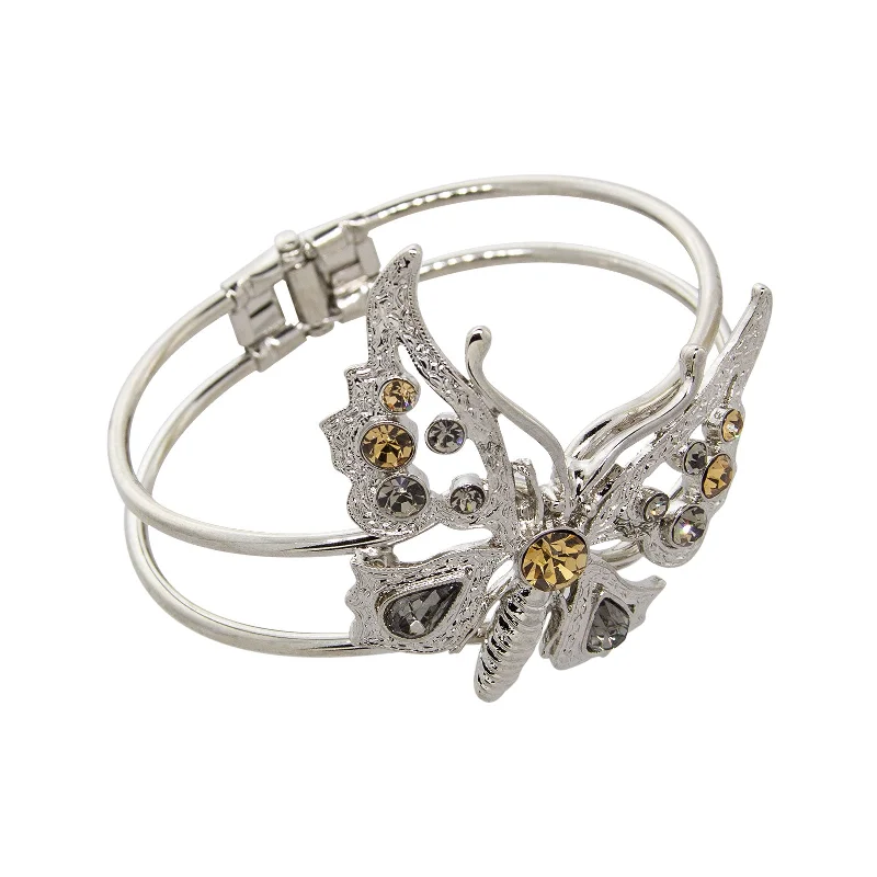 Adjustable cuff bracelets for women -1928 Jewelry® Silver-Tone Lt. Topaz And Black Diamond Crystal Butterfly Hinge Cuff Bracelet