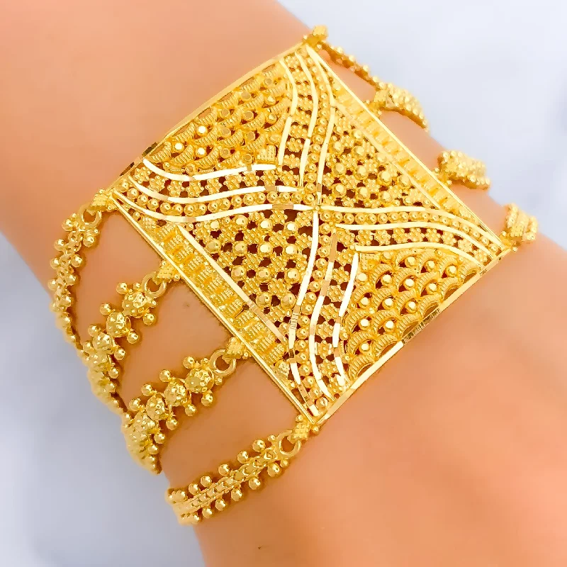 Stretch bangles for women -Tasteful Beaded Flower 22k Gold Statement Bracelet