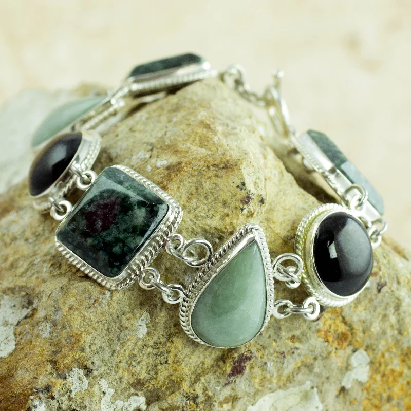 Sterling silver bangles for women -Natural Geometry Green and Black Jade on Sterling Silver Bracelet