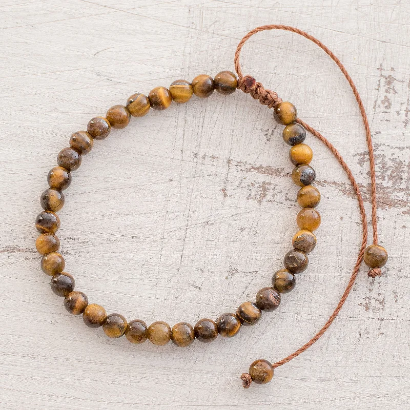 Topaz bracelets for women -Earthen Sweetness Adjustable Tiger's Eye Beaded Bracelet from Guatemala