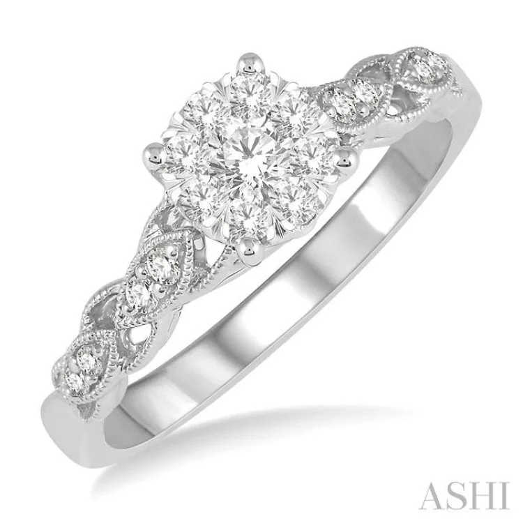 Engagement rings with rose diamonds for women -3/8 ctw Two-Tone Lattice Shank Round Cut Diamond Lovebright Ring in 14K White Gold