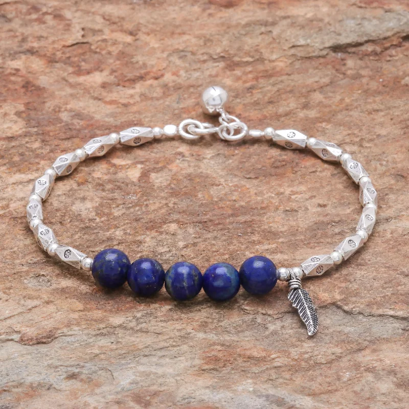 Diamond bracelets for women -Ringing Feather Hill Tribe Lapis Lazuli Beaded Bracelet from Thailand