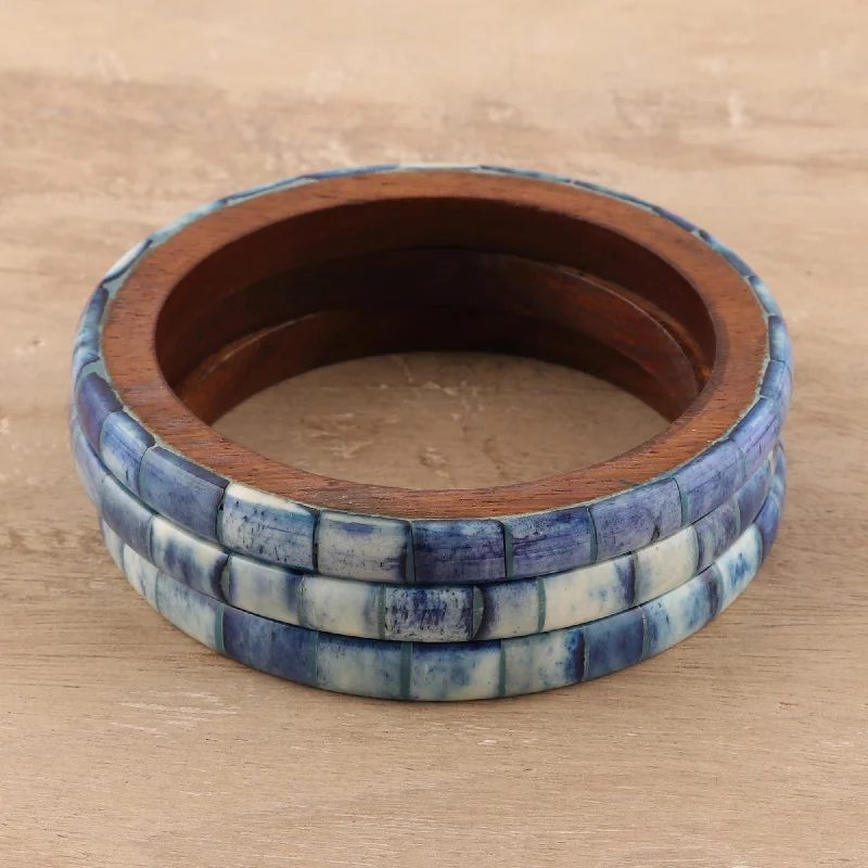 Handmade leather bangles for women -Blue Saga Blue Bone and Mango Wood Bangle Bracelets (Set of 3)