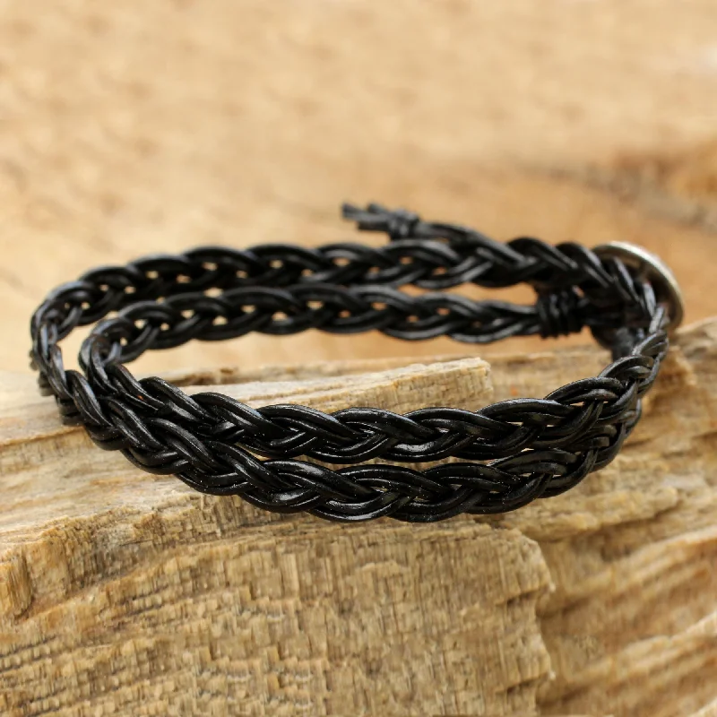 Chic bracelets for women -Black Braid Black Braided Leather Bracelet with Hill Tribe Silver