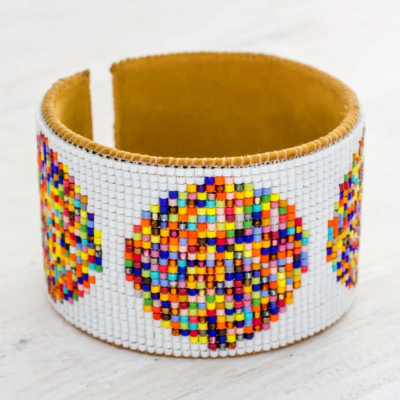 Beaded charm bracelets for women -Fiesta in Santiago Handcrafted Leather Cuff Bracelet with Colorful Beads