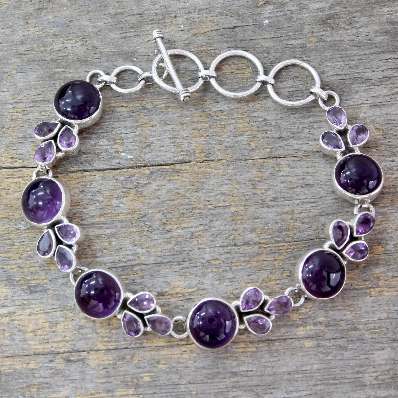 Natural stone bracelets for women -Glorious Purple Artisan Crafted Silver Link Bracelet with Amethysts