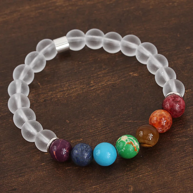 Multi-layer bracelets for women -Seven Chakras in White Agate and Tiger's Eye Chakra Bracelet in White from Mexico