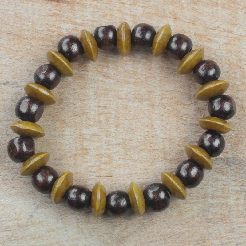 Engraved bangles for women -Adukrom Beauty Dark Brown Wood Beaded Stretch Bracelet from Ghana