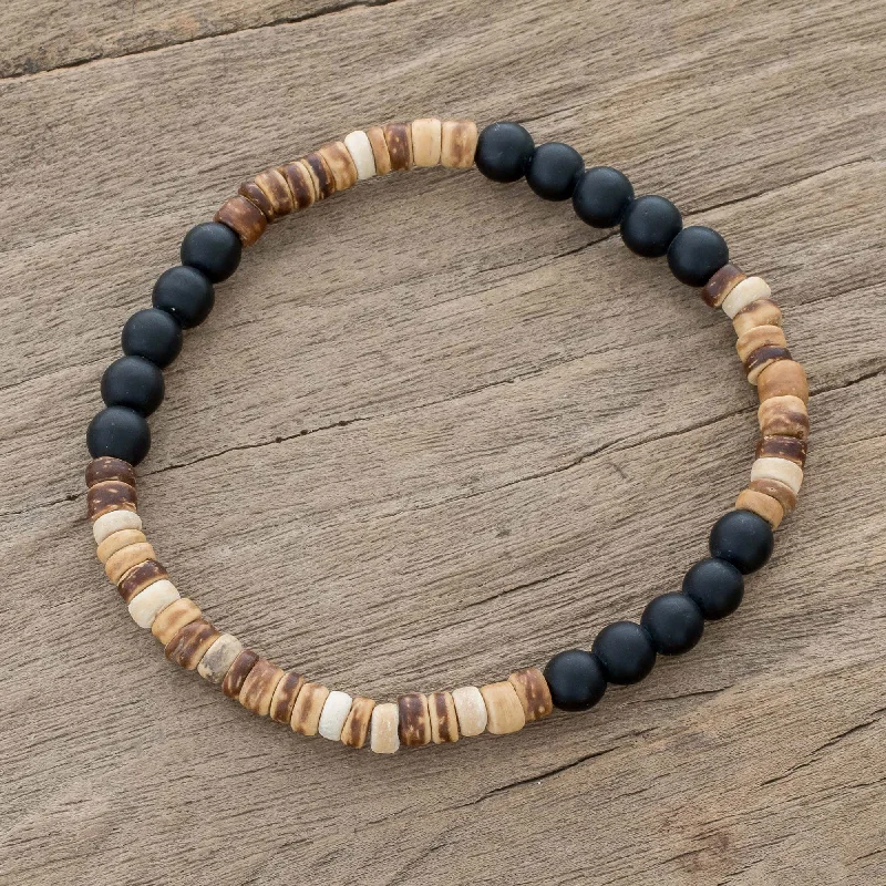 Thin bracelets for women -Earthen Force Onyx and Coconut Shell Beaded Stretch Bracelet