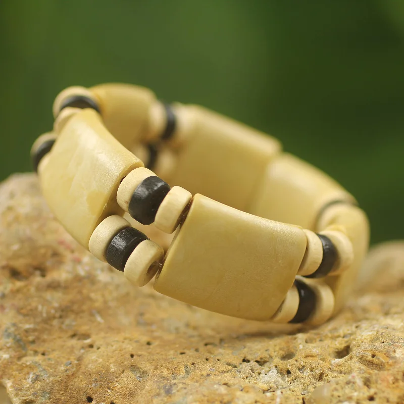 Adjustable bangles for women -Cream Connection Handmade Wood and Recycled Bead Stretch Bracelet