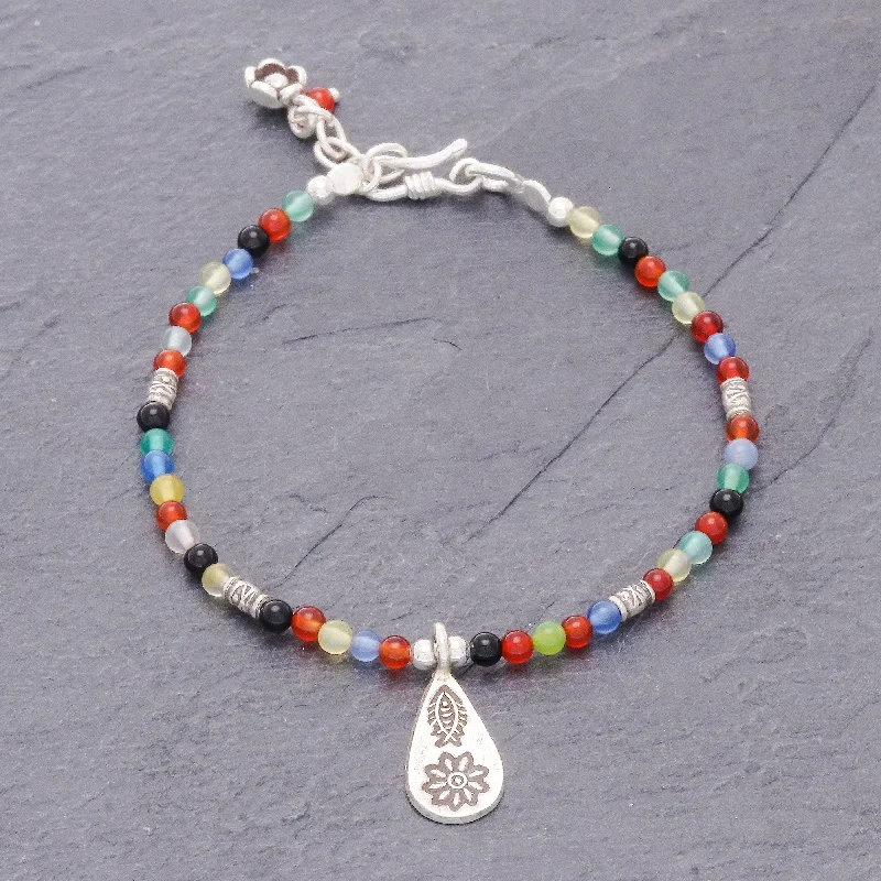 Classic cuff bracelets for women -Hill Tribe Rainbow Chalcedony Beaded Bracelet with Karen Silver Charm