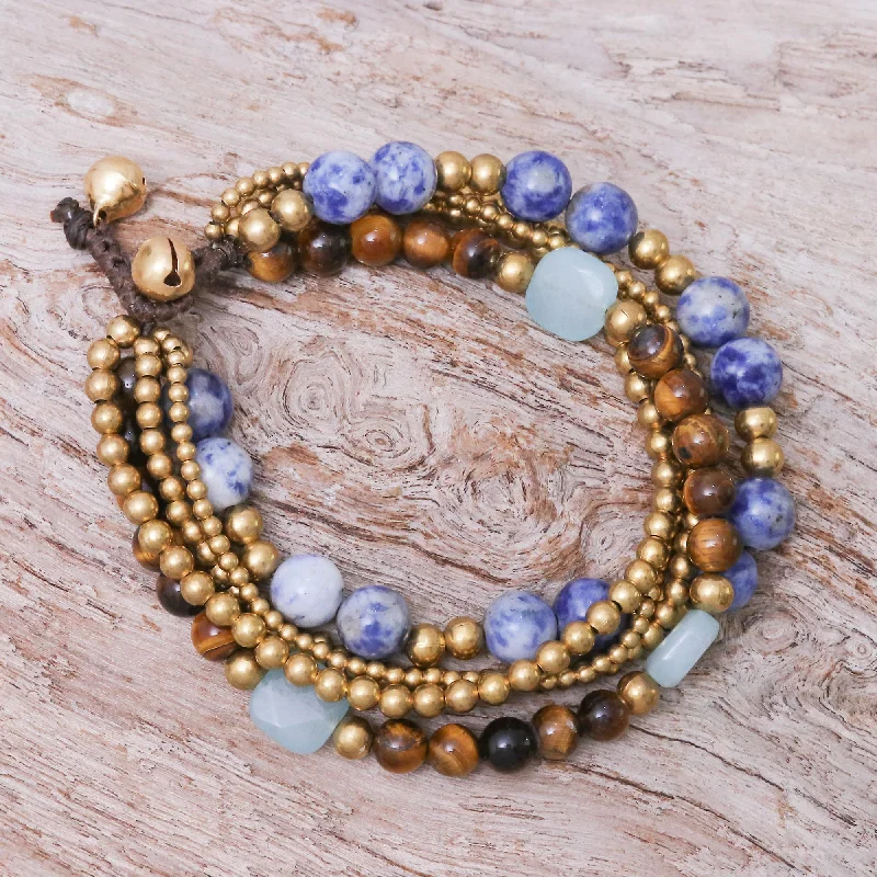 Oval bangles for women -Bohemian Melange Sodalite and Tiger's Eye Beaded Bracelet from Thailand