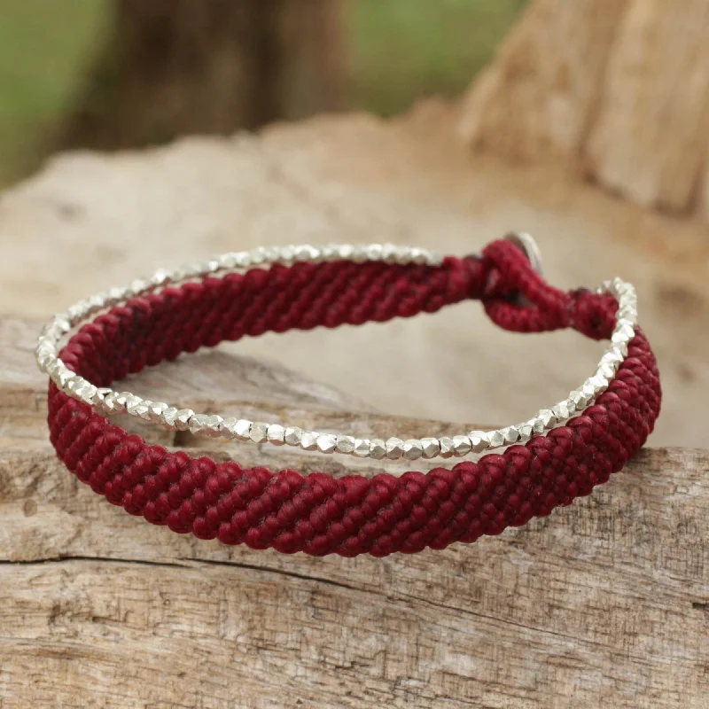 Silver cuff bracelets for women -Blithe Red Women's Red Wristband Bracelet with Silver Beads