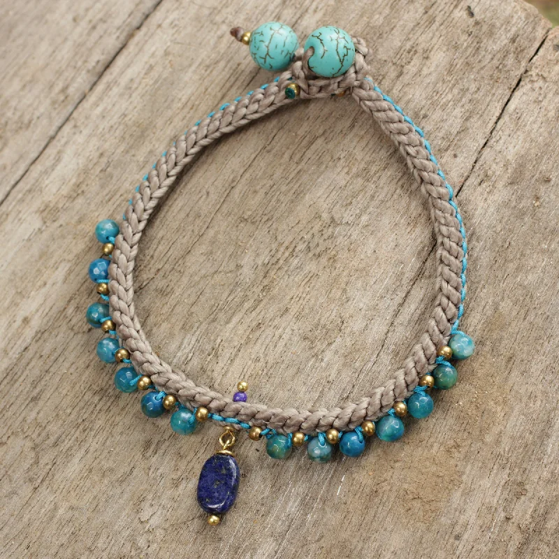 Elegant bangles for women -Mae Sa Cascade Lapis Lazuli and Agate Braided Bracelet with Brass Beads