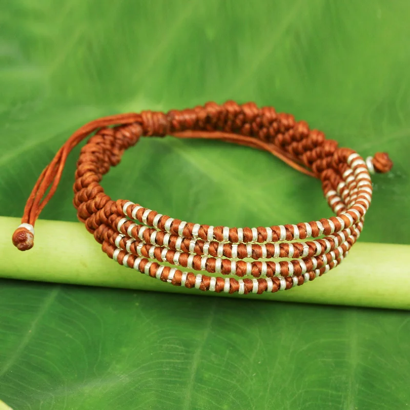 Adjustable bracelets for women -Ginger Chiang Mai Quartet Ginger-Orange Macrame Bracelet with Hill Tribe Silver Beads