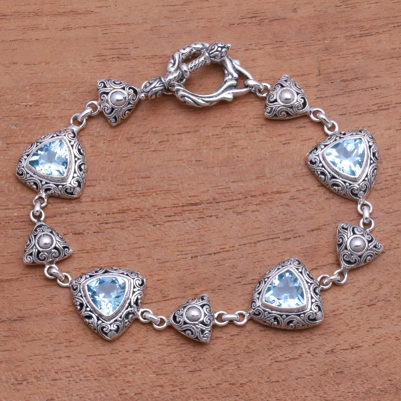 Silver bracelets for women -Triangles of Swirls Triangular Blue Topaz Link Bracelet from Bali