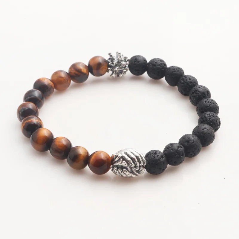 Double bracelet for women -Helping Hands Together Bali Sterling Silver Tiger's Eye Lava Stone Unity Bracelet