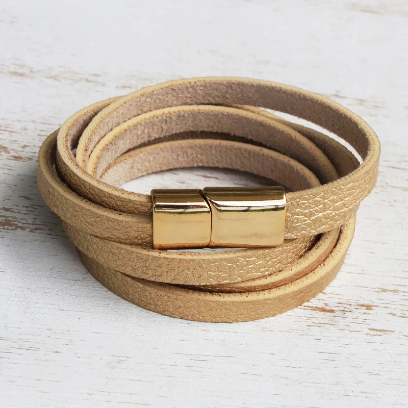 Handmade leather bangles for women -Summer Gold Golden Leather Wrap Bracelet