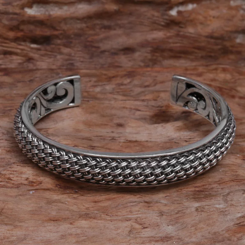 Rope bracelets for women -Woven Chains Hand Crafted Sterling Silver Cuff Bracelet from Indonesia