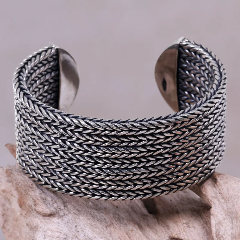 Stretch bracelets for women -Horseshoe Braids Wide Textured Sterling Silver Cuff Bracelet from Bali