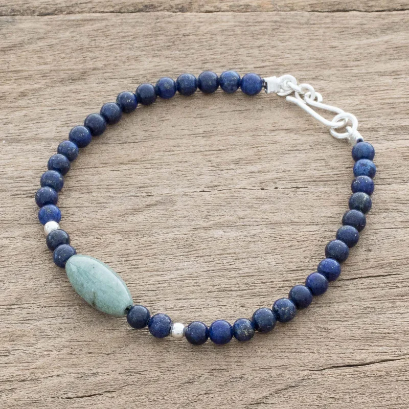 Beaded charm bracelets for women -Cool Serenity Jade and Lapis Lazuli Beaded Pendant Bracelet from Guatemala