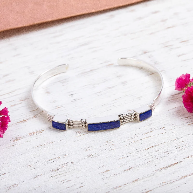 Bridal bracelets for women -Rectangular Blue Taxco Lapis Lazuli Cuff Bracelet from Mexico