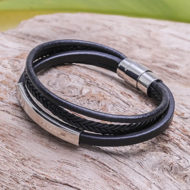 Boho bracelets for women -Mighty Strength in Black Leather Strand Bracelet in Black from Thailand