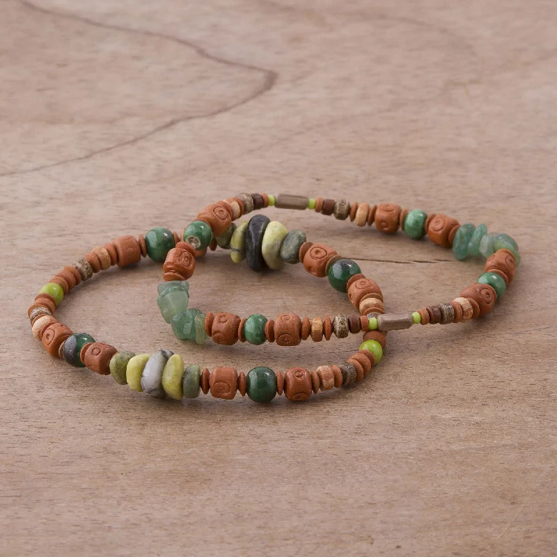 Women's bracelets online shop -Wind and Earth Two Ceramic Beaded Bracelets with Agate and Serpentine